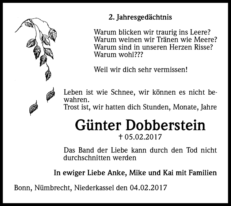  Traueranzeige für Günter Dobberstein vom 04.02.2017 aus Kölner Stadt-Anzeiger / Kölnische Rundschau / Express