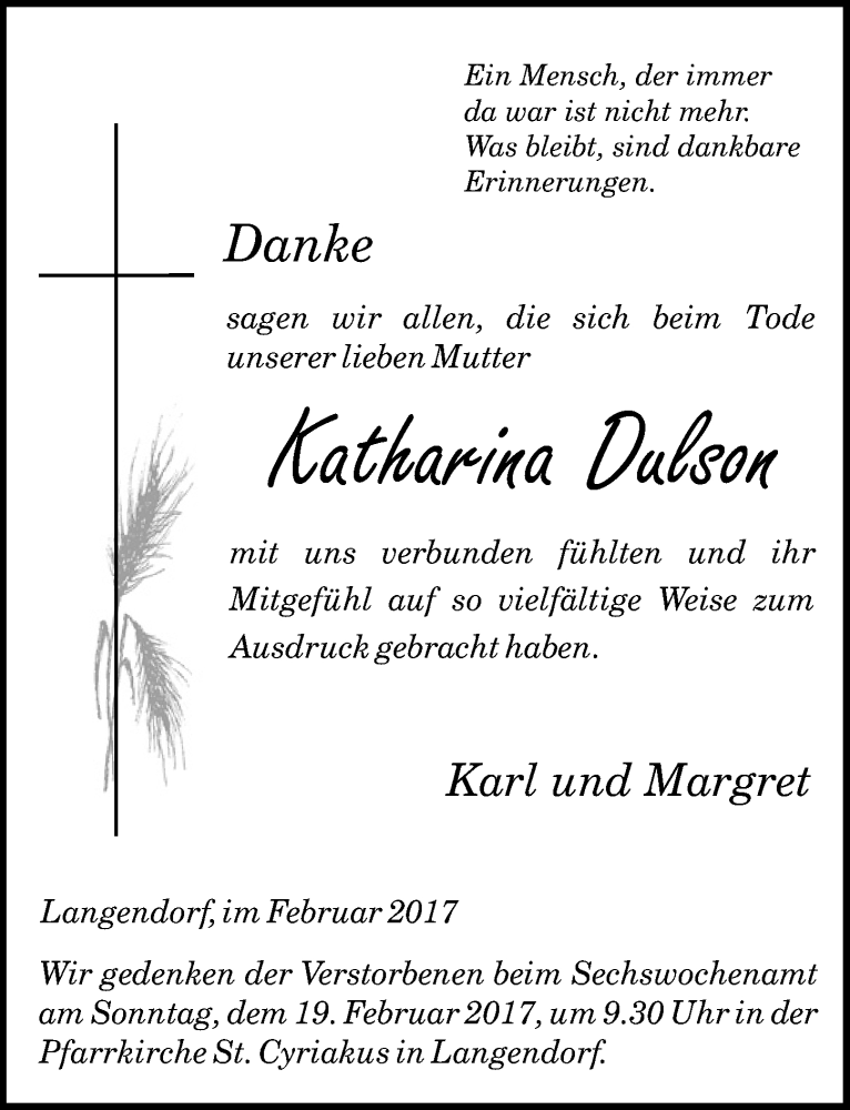  Traueranzeige für Katharina Dulson vom 11.02.2017 aus  Blickpunkt Euskirchen 
