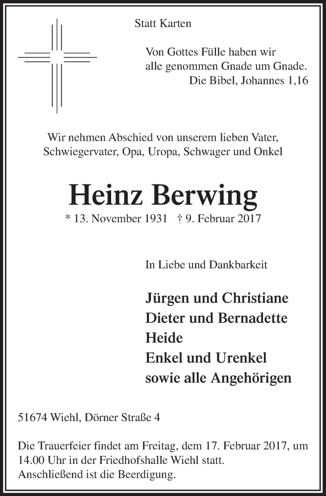  Traueranzeige für Heinz Berwing vom 15.02.2017 aus  Anzeigen Echo 