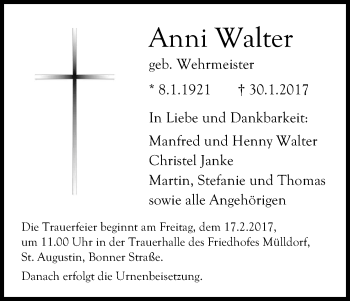 Anzeige von Anni Walter von Kölner Stadt-Anzeiger / Kölnische Rundschau / Express