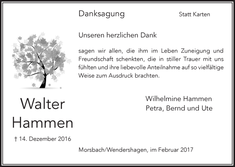  Traueranzeige für Walter Hammen vom 08.02.2017 aus  Lokalanzeiger 