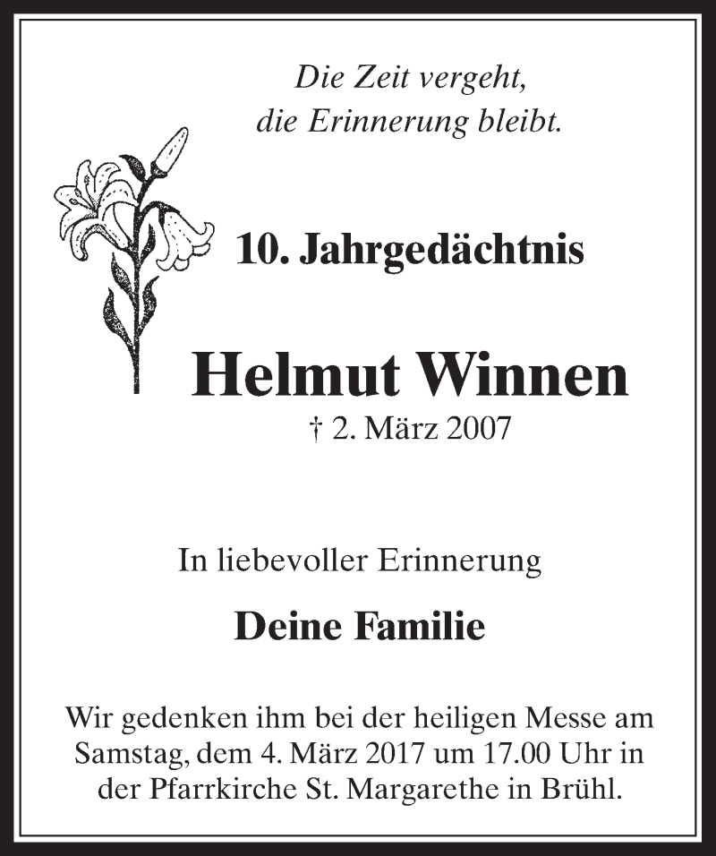  Traueranzeige für Helmut Winnen vom 01.03.2017 aus  Werbepost 