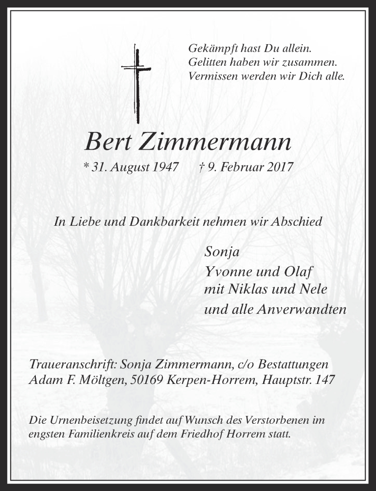  Traueranzeige für Bert Zimmermann vom 22.02.2017 aus  Werbepost 
