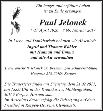 Anzeige von Paul Jelonek von  Sonntags-Post 