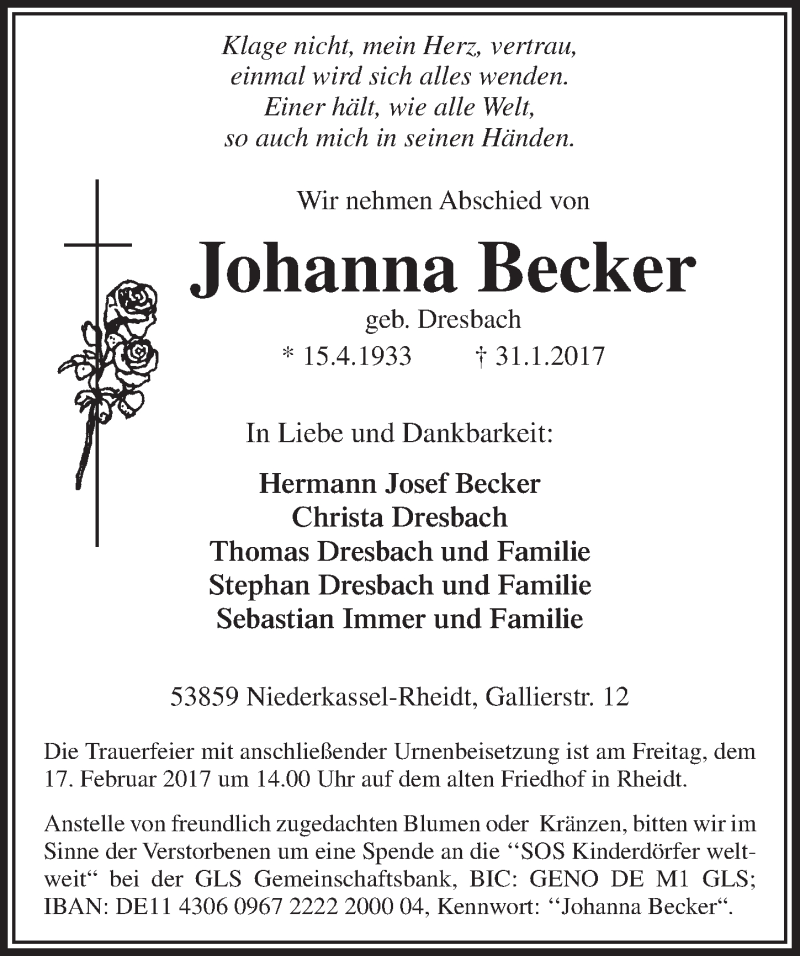  Traueranzeige für Johanna Becker vom 08.02.2017 aus  Extra Blatt 