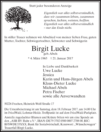 Anzeige von Birgit Lucke von  Sonntags-Post 