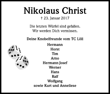 Anzeige von Nikolaus Christ von Kölner Stadt-Anzeiger / Kölnische Rundschau / Express