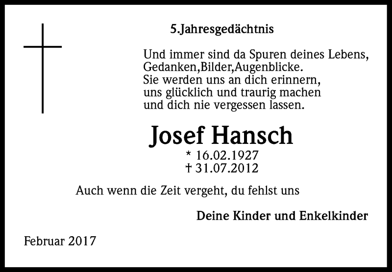  Traueranzeige für Josef Hansch vom 18.02.2017 aus Kölner Stadt-Anzeiger / Kölnische Rundschau / Express