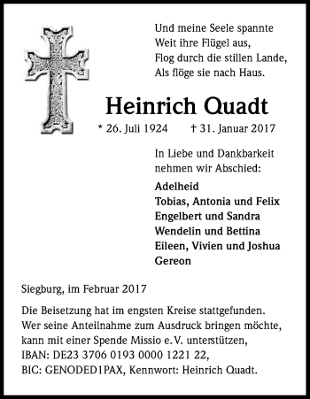 Anzeige von Heinrich Quadt von Kölner Stadt-Anzeiger / Kölnische Rundschau / Express