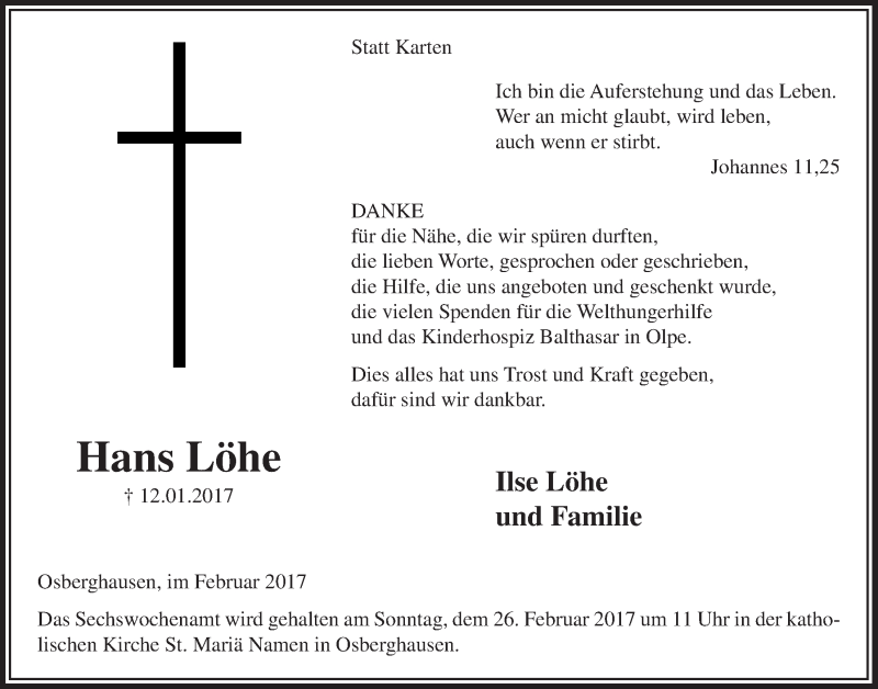  Traueranzeige für Hans Löhe vom 22.02.2017 aus  Anzeigen Echo 
