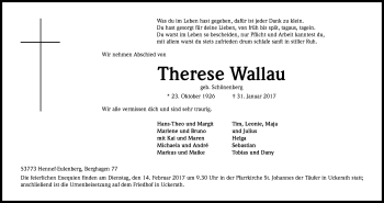 Anzeige von Therese Wallau von Kölner Stadt-Anzeiger / Kölnische Rundschau / Express