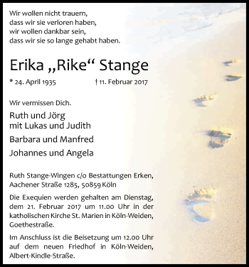 Anzeige von Erika  Stange von Kölner Stadt-Anzeiger / Kölnische Rundschau / Express