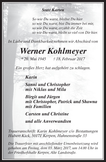 Anzeige von Werner Kohlmeyer von  Werbepost 
