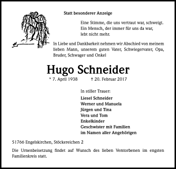 Anzeige von Hugo Schneider von Kölner Stadt-Anzeiger / Kölnische Rundschau / Express