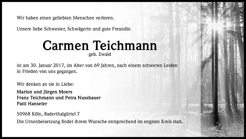  Traueranzeige für Carmen Teichmann vom 04.02.2017 aus Kölner Stadt-Anzeiger / Kölnische Rundschau / Express