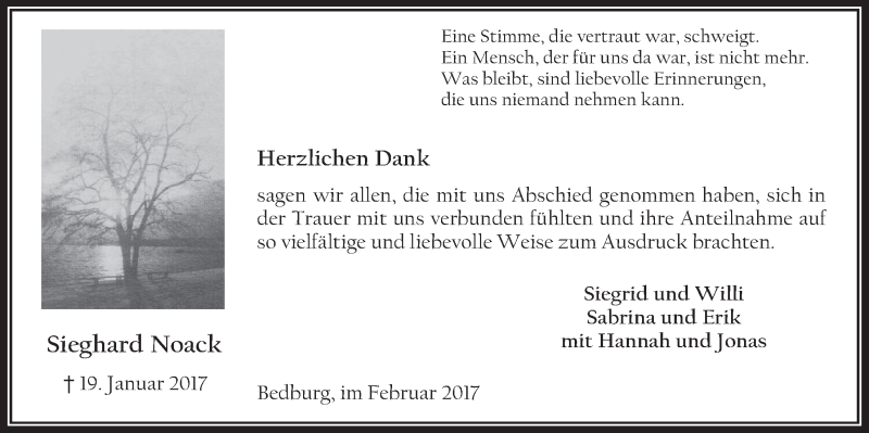  Traueranzeige für Sieghard Noack vom 22.02.2017 aus  Werbepost 