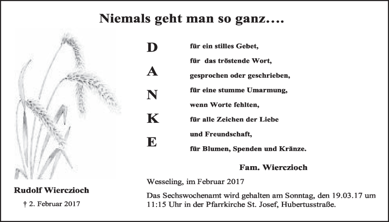  Traueranzeige für Rudolf Wierczioch vom 22.02.2017 aus  Schlossbote/Werbekurier 