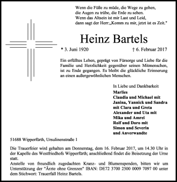 Anzeige von Heinz Bartels von Kölner Stadt-Anzeiger / Kölnische Rundschau / Express