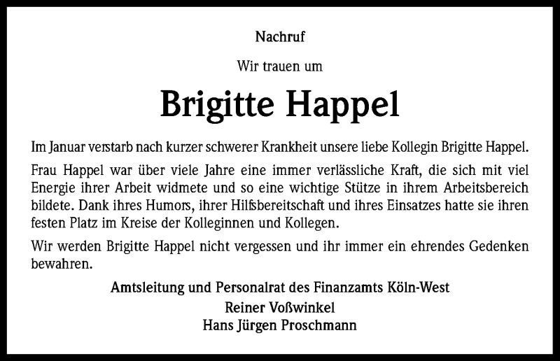  Traueranzeige für Brigitte Happel vom 07.02.2017 aus Kölner Stadt-Anzeiger / Kölnische Rundschau / Express