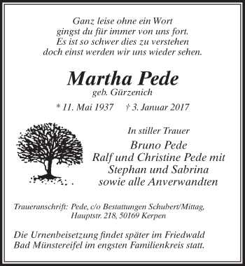 Anzeige von Martha Pede von  Sonntags-Post 
