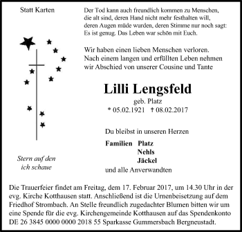 Anzeige von Lilli Lengsfeld von Kölner Stadt-Anzeiger / Kölnische Rundschau / Express