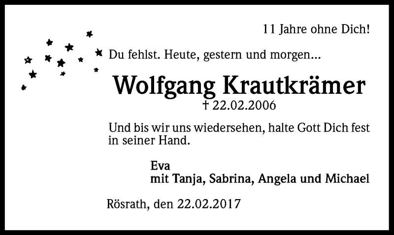  Traueranzeige für Wolfgang Krautkrämer vom 22.02.2017 aus Kölner Stadt-Anzeiger / Kölnische Rundschau / Express