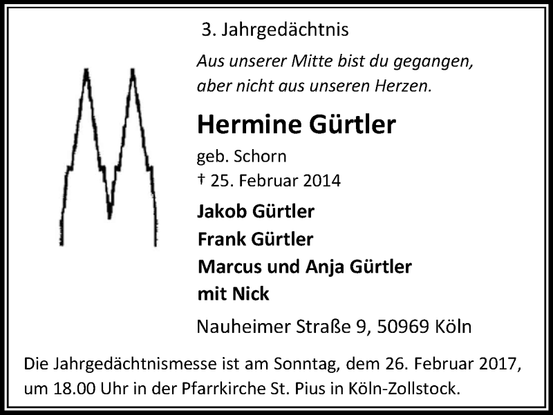  Traueranzeige für Hermine Gürtler vom 22.02.2017 aus Kölner Stadt-Anzeiger / Kölnische Rundschau / Express