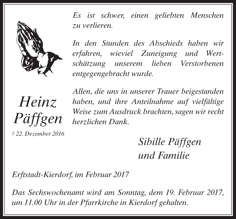  Traueranzeige für Heinz Päffgen vom 08.02.2017 aus  Werbepost 