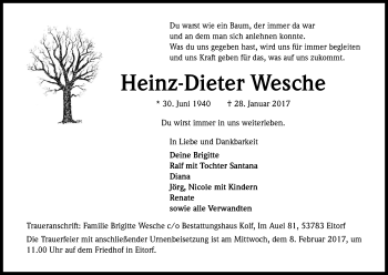 Anzeige von Heinz-Dieter Wesche von Kölner Stadt-Anzeiger / Kölnische Rundschau / Express