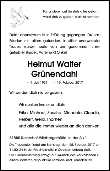 Anzeige von Helmut Walter Grünendahl von Kölner Stadt-Anzeiger / Kölnische Rundschau / Express