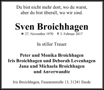 Anzeige von Sven Broichhagen von Kölner Stadt-Anzeiger / Kölnische Rundschau / Express