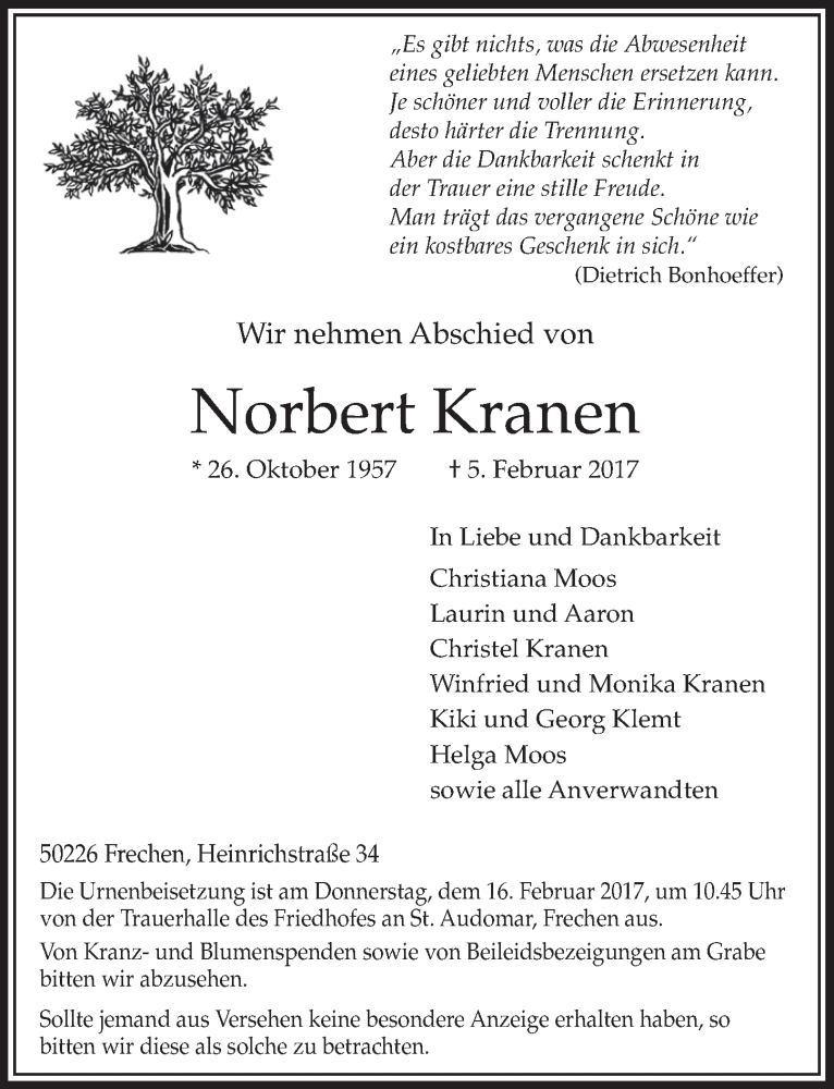  Traueranzeige für Norbert Kranen vom 11.02.2017 aus  Sonntags-Post 