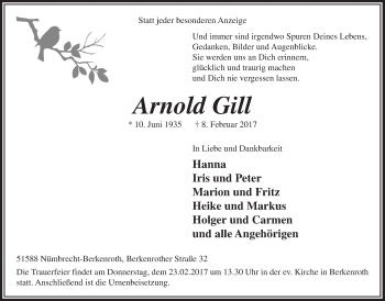 Anzeige von Arnold Gill von  Lokalanzeiger 