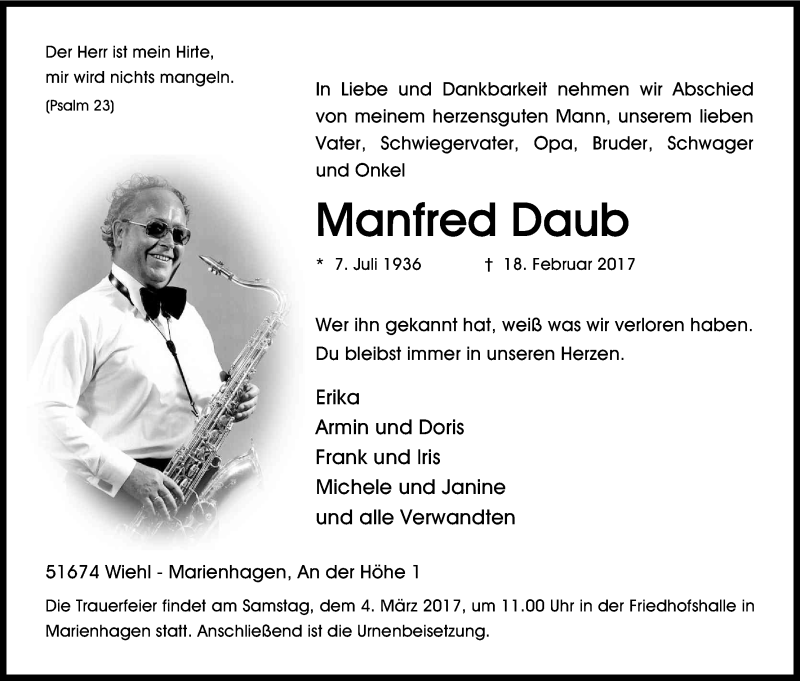  Traueranzeige für Manfred Daub vom 24.02.2017 aus Kölner Stadt-Anzeiger / Kölnische Rundschau / Express