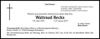 Anzeige von Waltraud Recks von Kölner Stadt-Anzeiger / Kölnische Rundschau / Express