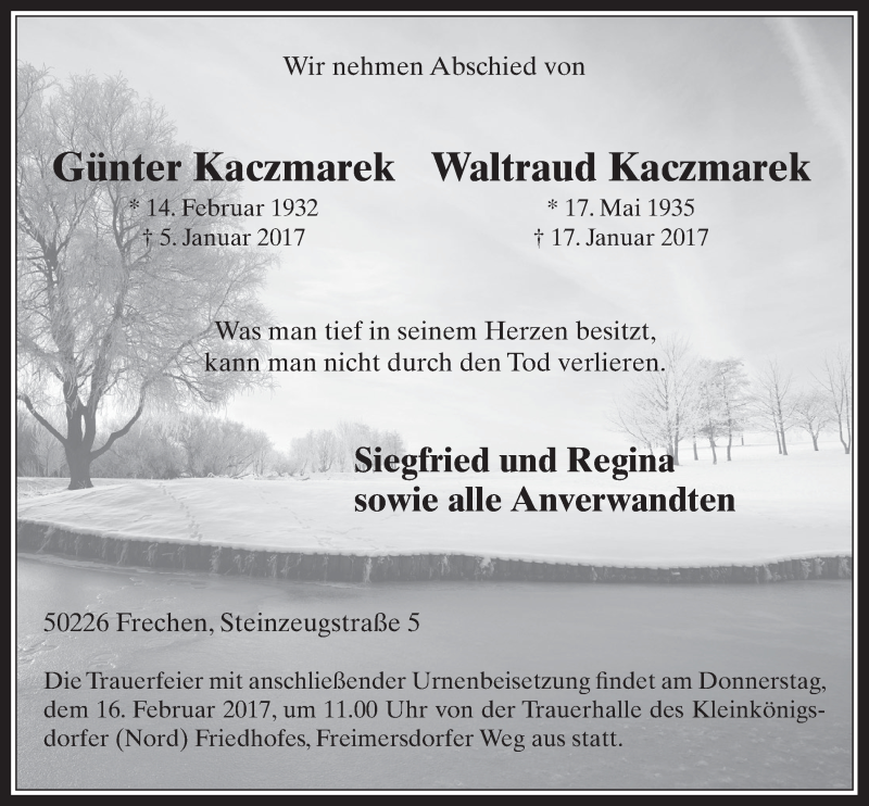  Traueranzeige für Waltraud und Günter Kaczmarek vom 08.02.2017 aus  Wochenende 
