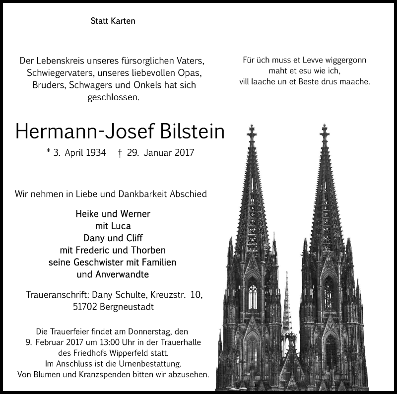  Traueranzeige für Hermann-Josef Bilstein vom 06.02.2017 aus Kölner Stadt-Anzeiger / Kölnische Rundschau / Express