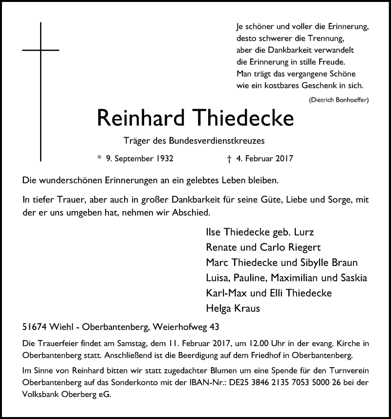  Traueranzeige für Reinhard Thiedecke vom 08.02.2017 aus  Anzeigen Echo 