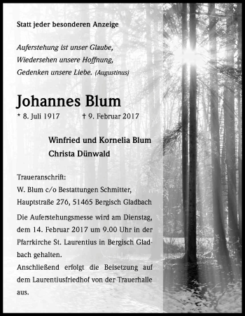 Anzeige von Johannes Blum von Kölner Stadt-Anzeiger / Kölnische Rundschau / Express