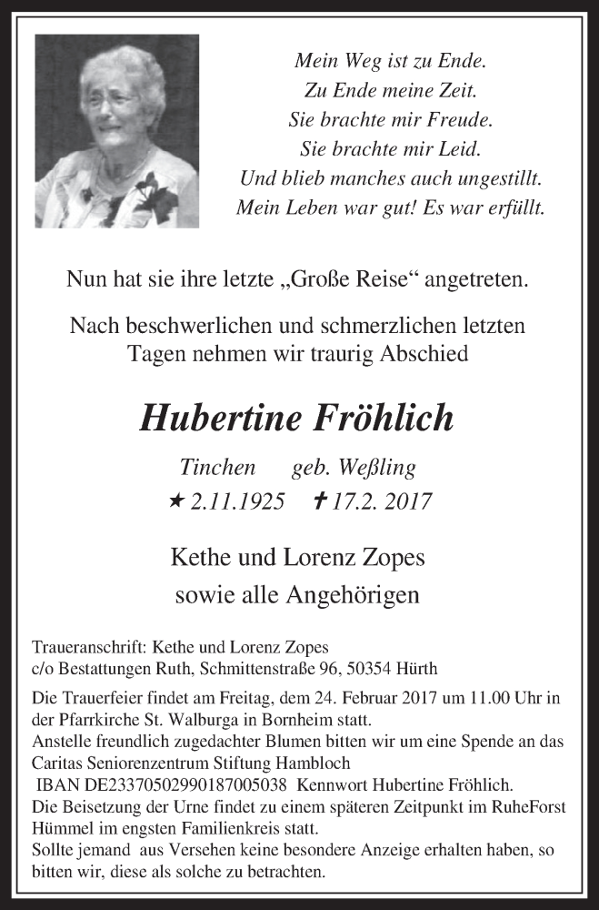  Traueranzeige für Hubertine Fröhlich vom 22.02.2017 aus  Schlossbote/Werbekurier 