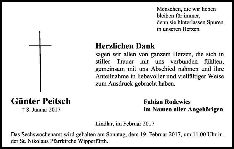  Traueranzeige für Günter Peitsch vom 13.02.2017 aus Kölner Stadt-Anzeiger / Kölnische Rundschau / Express