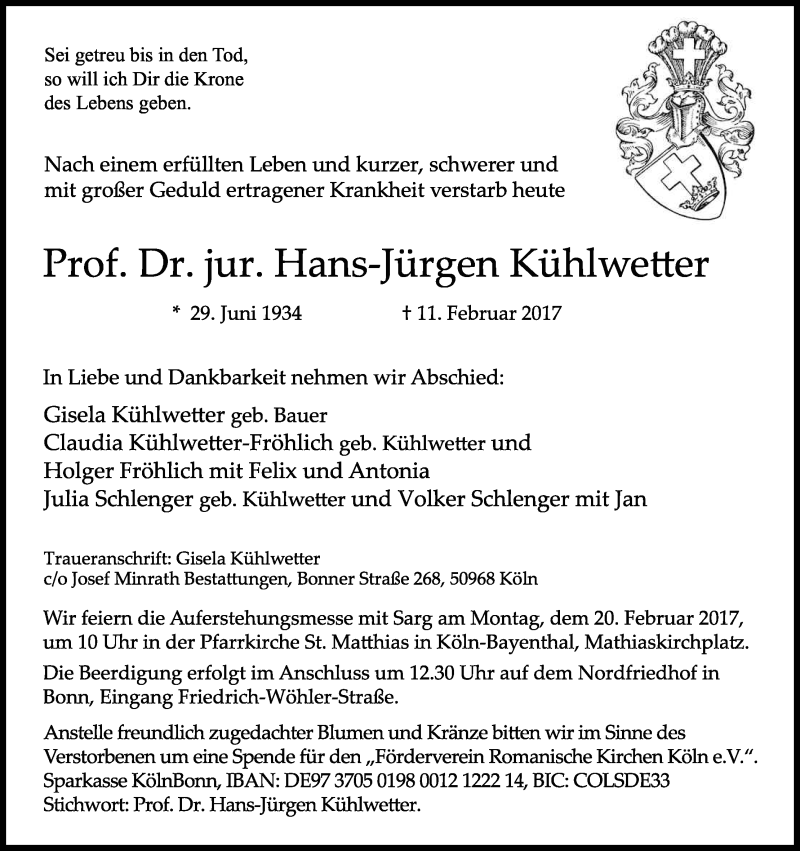  Traueranzeige für Hans-Jürgen Kühlwetter vom 15.02.2017 aus Kölner Stadt-Anzeiger / Kölnische Rundschau / Express