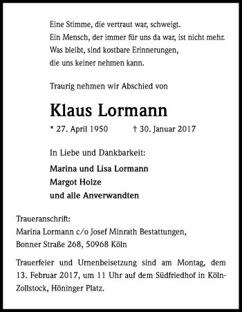 Anzeige von Klaus Lormann von Kölner Stadt-Anzeiger / Kölnische Rundschau / Express