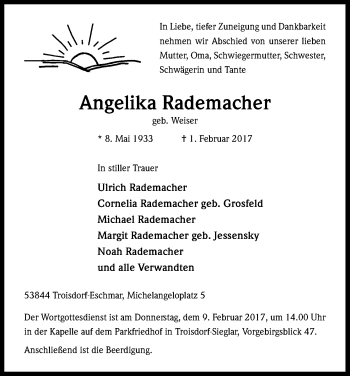 Anzeige von Angelika Rademacher von Kölner Stadt-Anzeiger / Kölnische Rundschau / Express