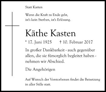 Anzeige von Käthe Kasten von Kölner Stadt-Anzeiger / Kölnische Rundschau / Express