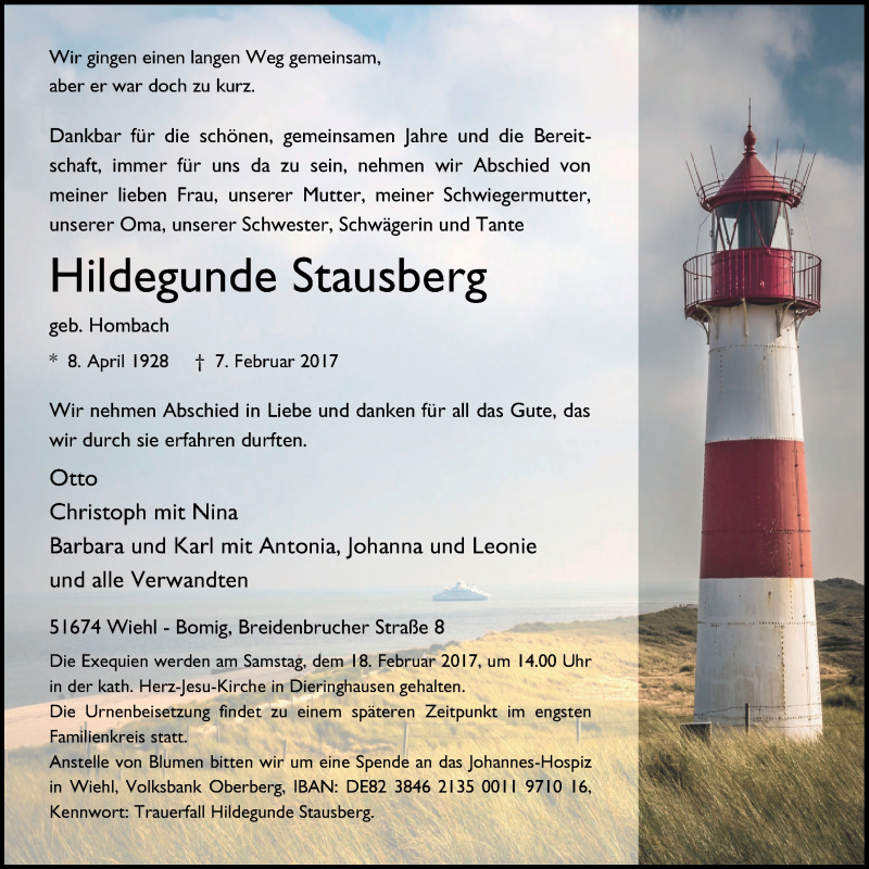  Traueranzeige für Hildegunde Stausberg vom 15.02.2017 aus  Anzeigen Echo 