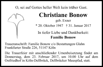 Anzeige von Christiane Bonow von Kölner Stadt-Anzeiger / Kölnische Rundschau / Express