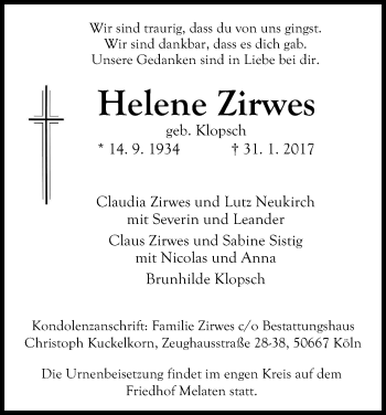 Anzeige von Helene Zirwes von Kölner Stadt-Anzeiger / Kölnische Rundschau / Express