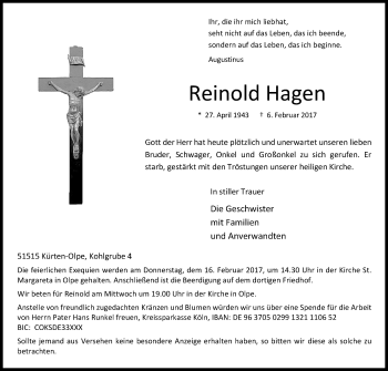 Anzeige von Reinold Hagen von Kölner Stadt-Anzeiger / Kölnische Rundschau / Express