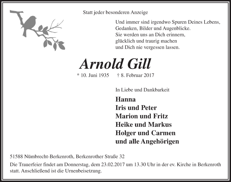  Traueranzeige für Arnold Gill vom 15.02.2017 aus  Lokalanzeiger 